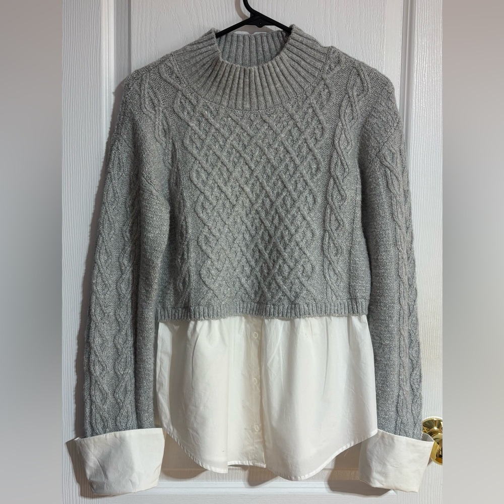 Anthropologie Maeve Cable Knit Layered Buttoned Soft Grey Sweater Size Medium - Picture 4 of 14